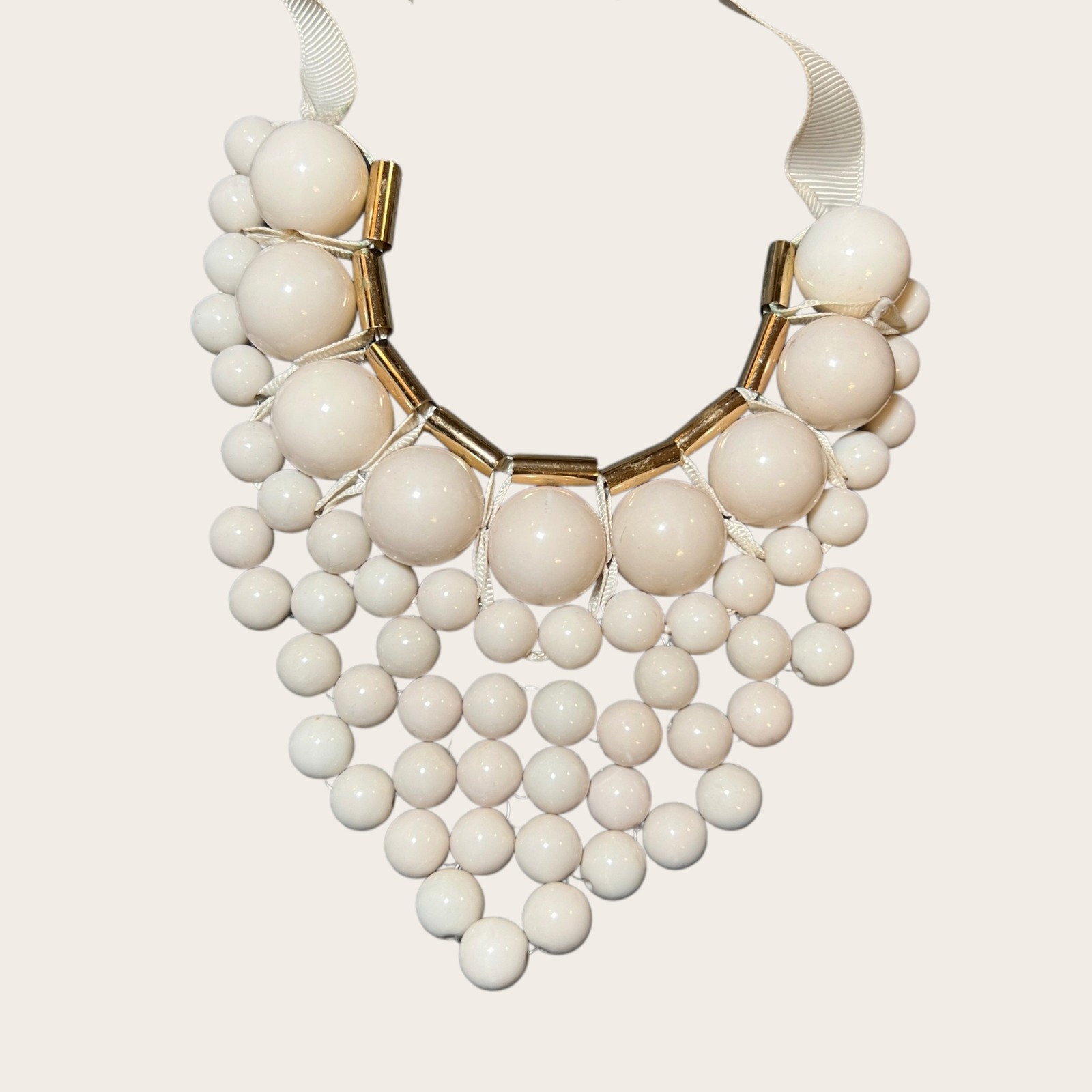 Vintage Statement Chunky Bead Necklace Bib Cream Ribbon Tie Gold Tone Hardware
